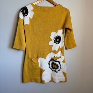 Field Flower Floral Knit Mini Dress Mustard Yellow XS 3/4 Sleeve Pockets Hippie‎